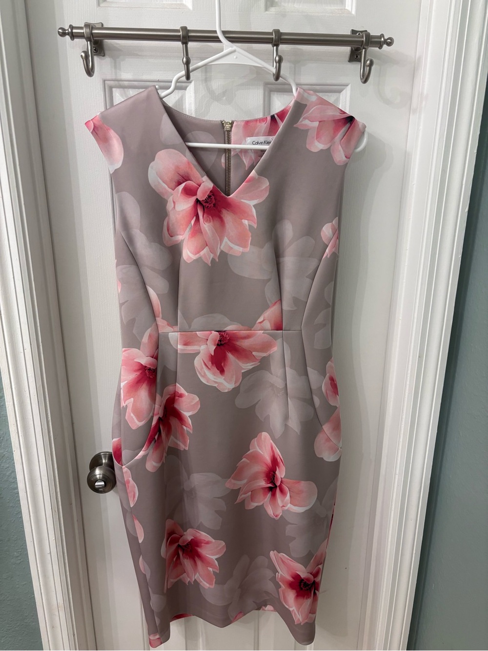 Calvin Klein Taupe Sheath Dress with Pink Floral Print